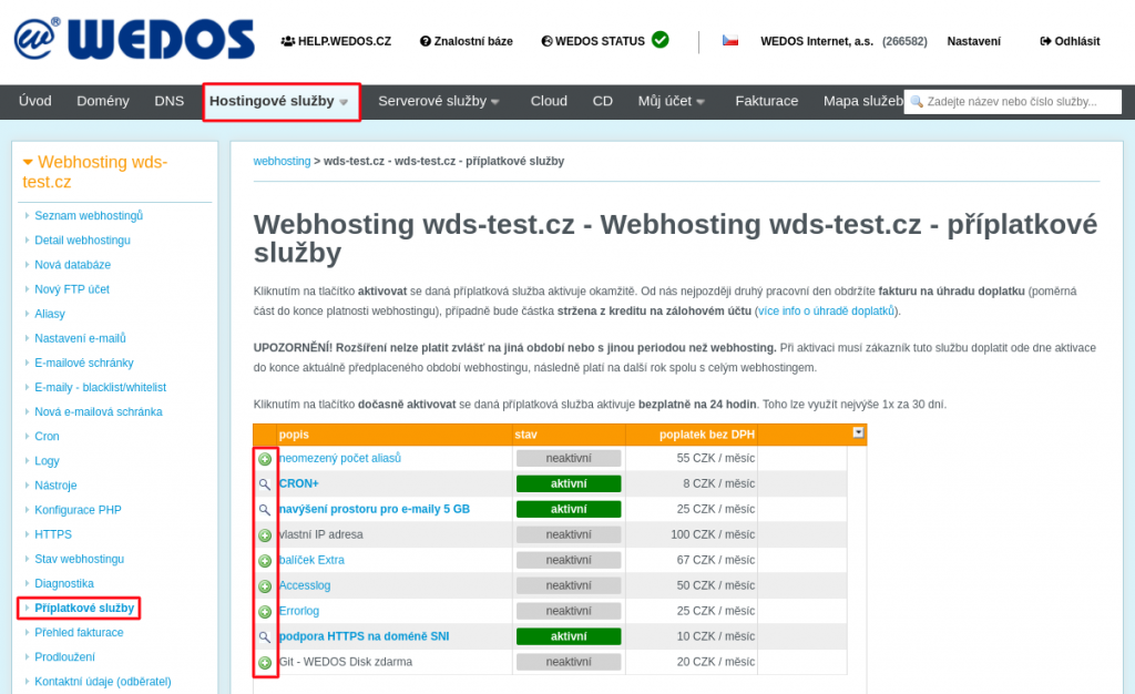 Aktivace a úprava příplatkových služeb Webhostingu WEDOS