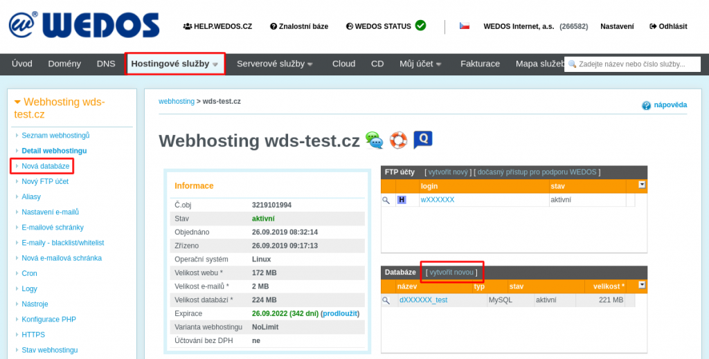WEDOS Založení nové databáze přes odkaz v levém menu, nebo v Detailu webhostingu