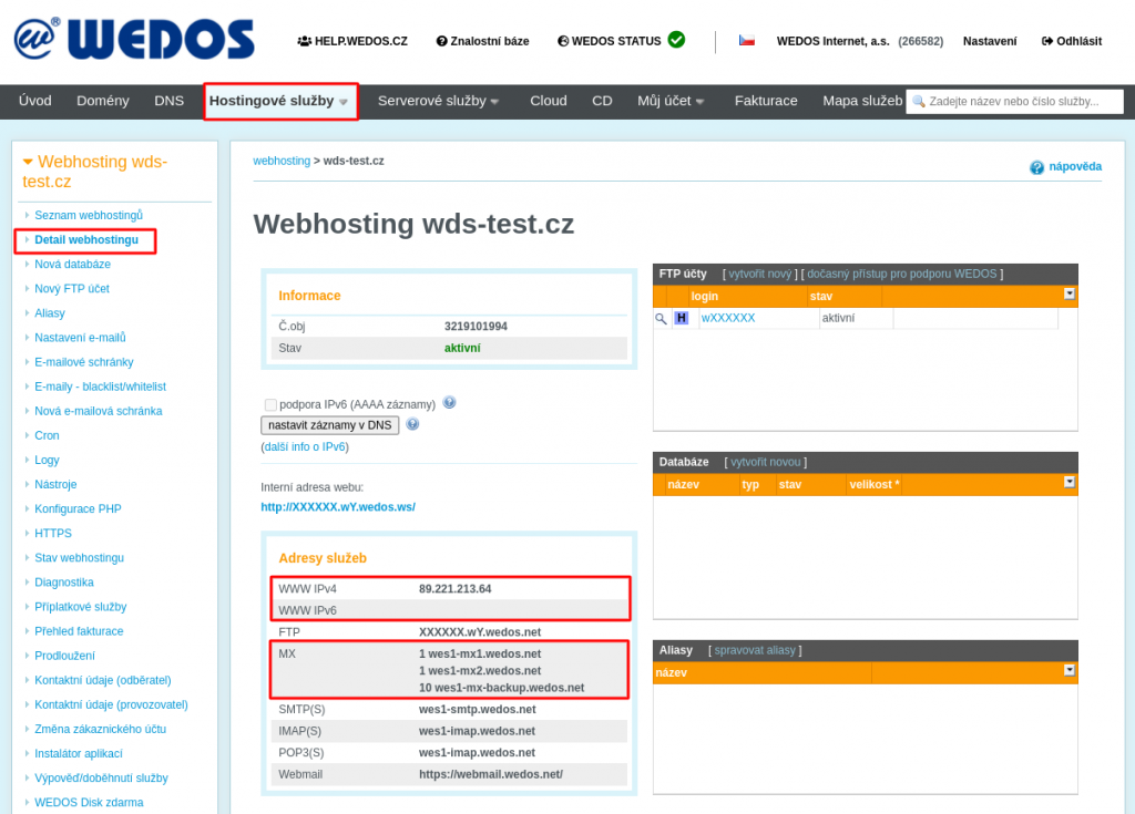 WEDOS Adresy služeb pro DNS záznamy