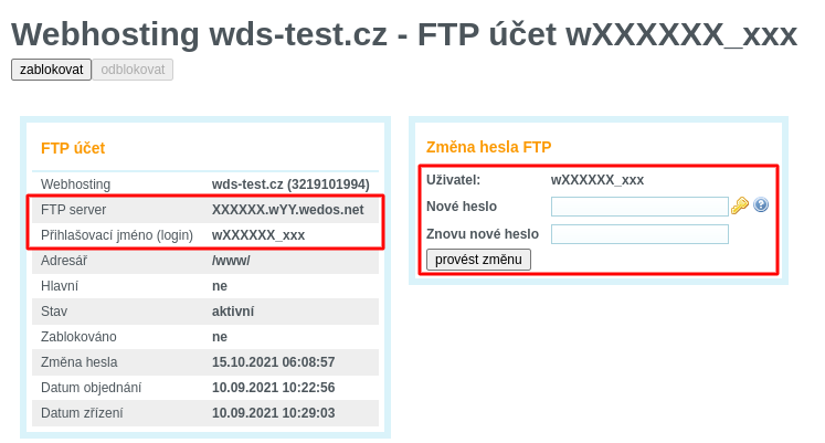 WEDOS Adresa FTP serveru, přihlašovací jméno a změna hesla k FTP účtu