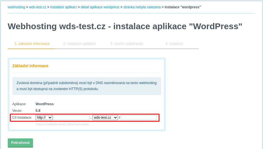 WEDOS Základní informace instalace WordPress v Instalátoru aplikací