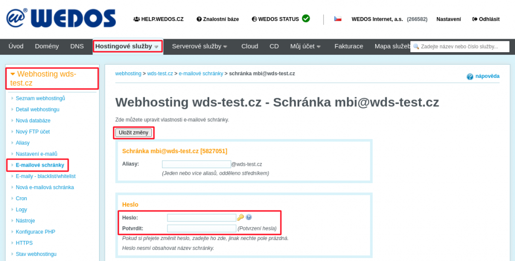 WEDOS Změna hesla webhostingu wds-test.cz