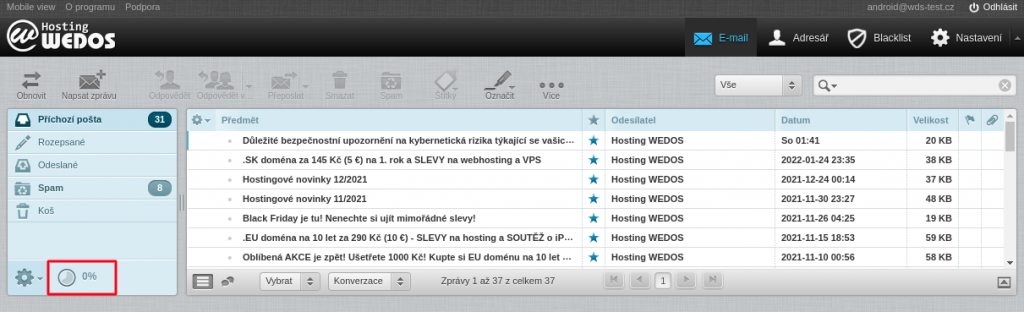 WEDOS Velikosti e-mailové schránky v klientu Webmail