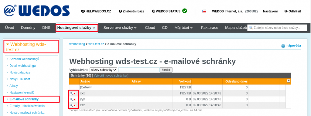 WEDOS Ikony pro detail a smazání e-mailových schránek webhostingu