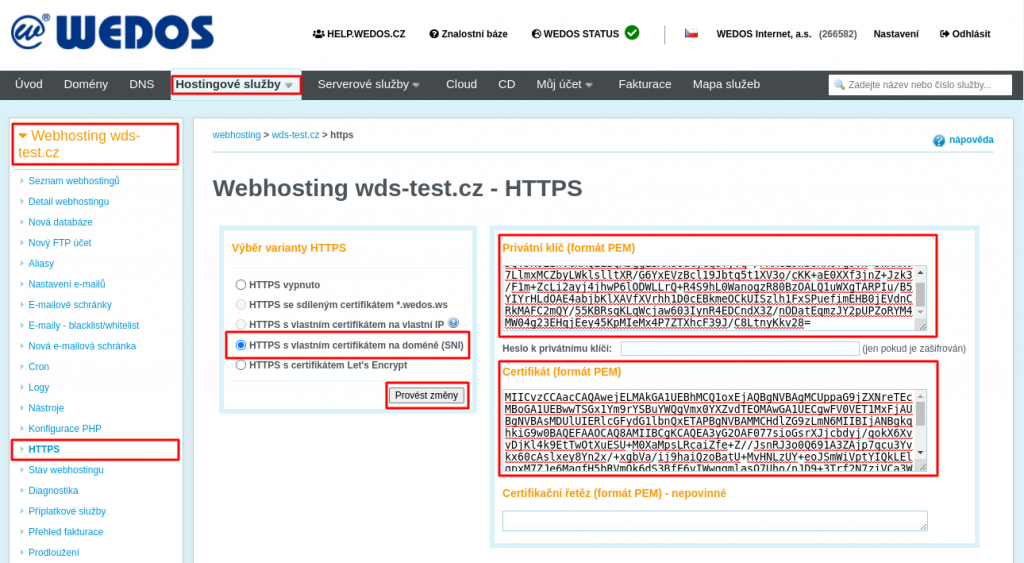 WEDOS Nastavení HTTPS s vlastníám certifikátem na doméně (SNI)