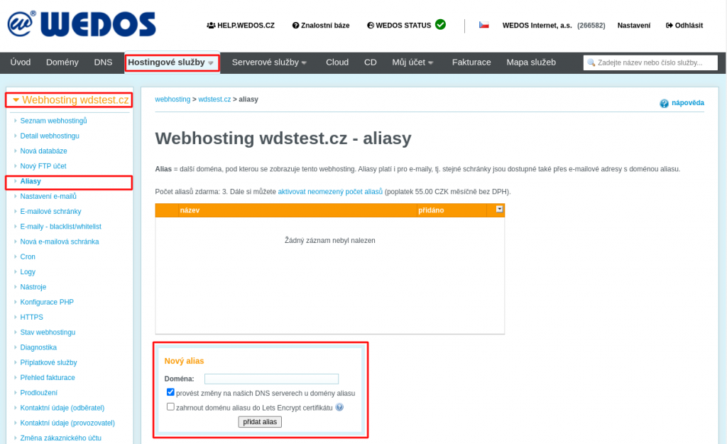 WEDOS Přidání prvního aliasu webhostingu