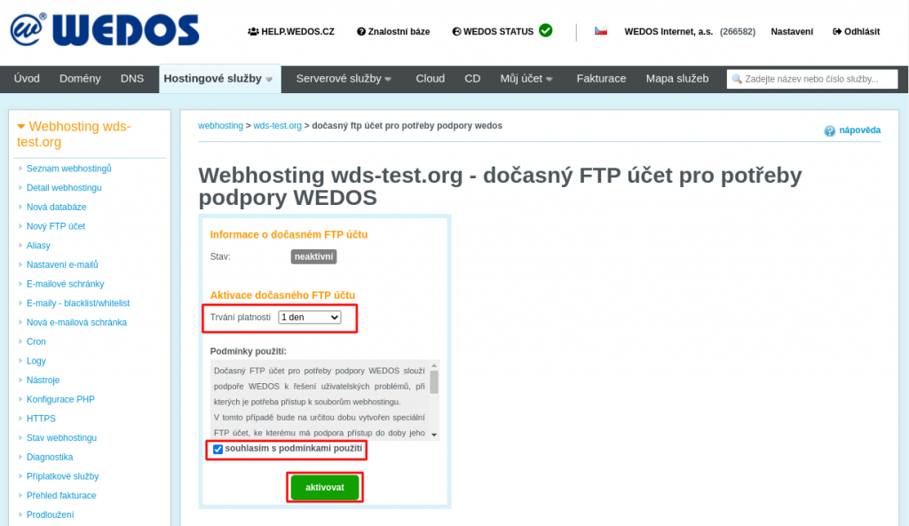 WEDOS Aktivace dočasného FTP přístupu