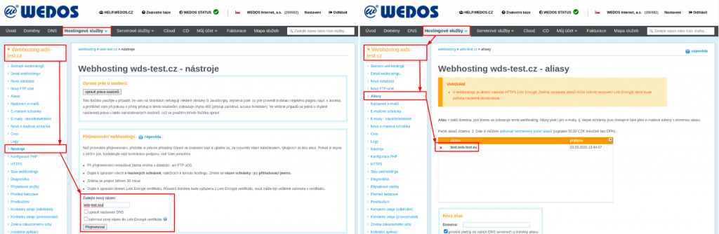 WEDOS Uvolnění doménového názvu přejmenováním nebo odebráním aliasu webhostingu
