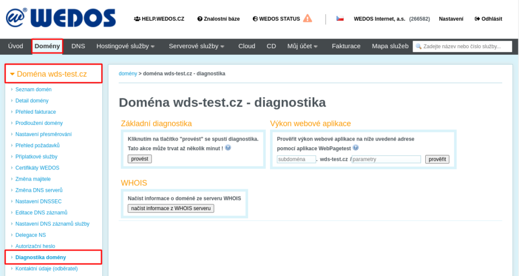 WEDOS Diagnostika domény v zákaznické administraci