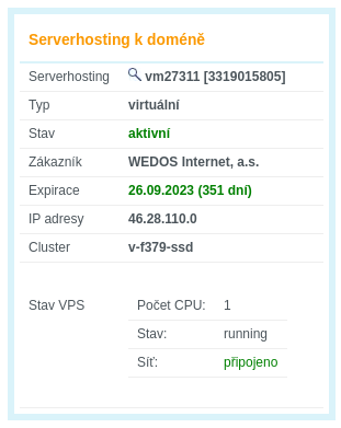 WEDOS VPS SSD, aktivní, připojené, spuštěné