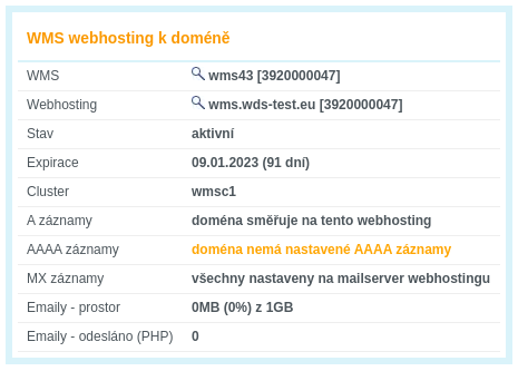 WEDOS WMS webhosting k doméně, doména směřuje na webhosting, s výjimkou AAAA záznamů, které nejsou nastavené