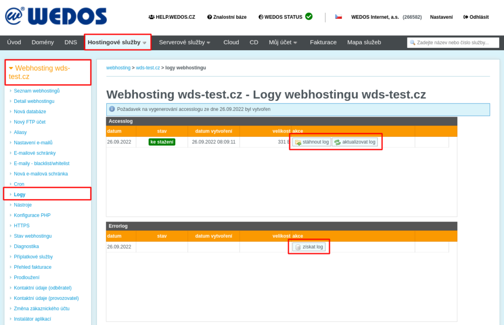 WEDOS Obsluha logů v zákaznické administraci