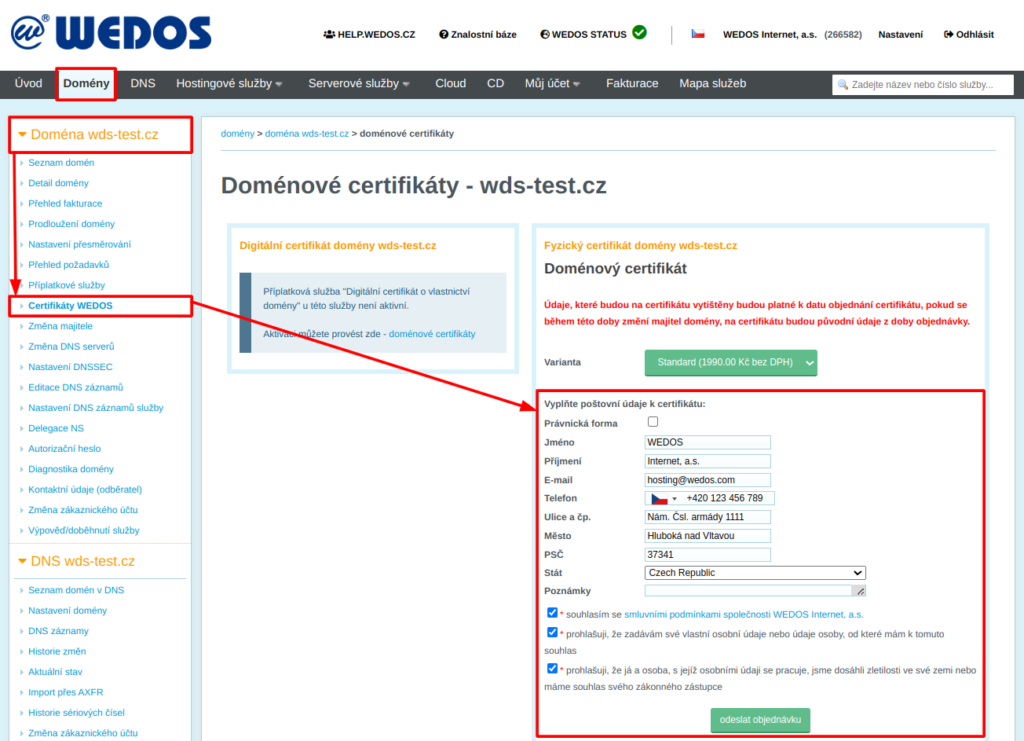 WEDOS Objednávka fyzického certifikátu o vlastnictví domény