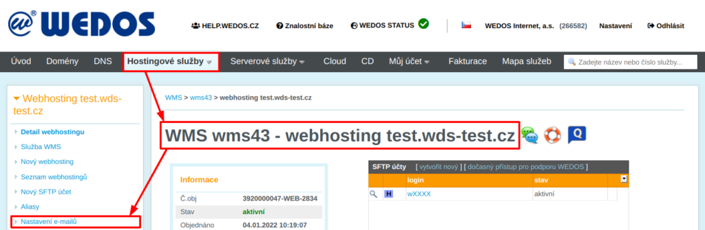 WEDOS Nastavení e-mailů WMS webhostingu