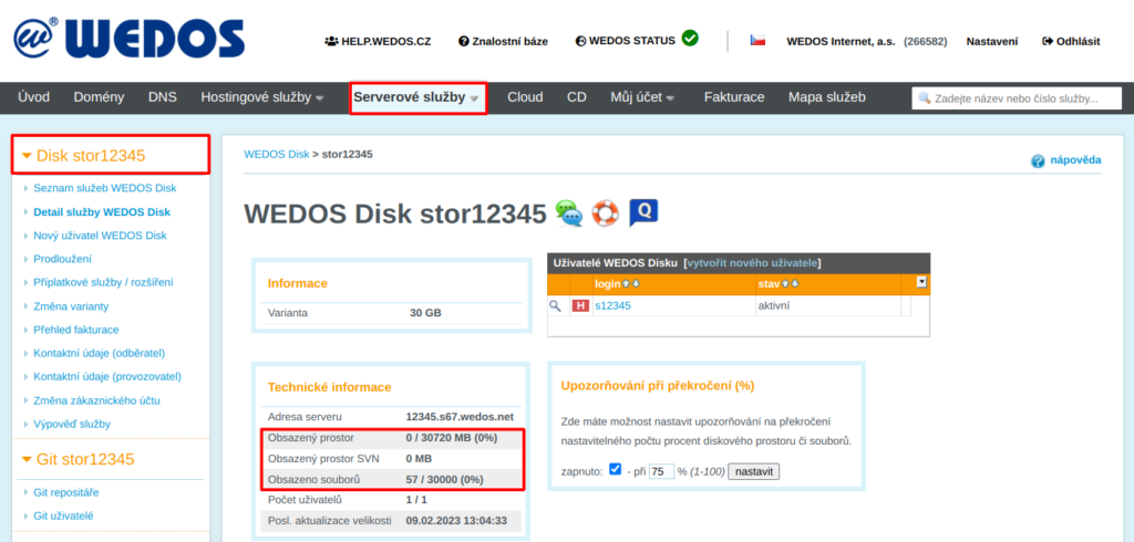 WEDOS Informace o obsazenosti prostoru a počtu souborů služby WEDOS Disk