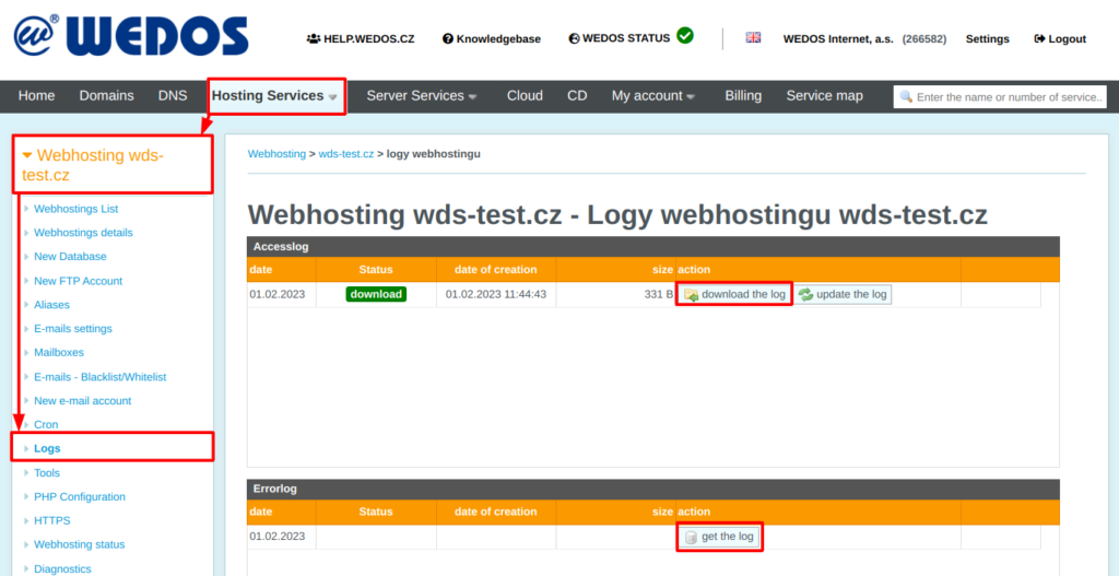 WEDOS Logging interface in the admin panel