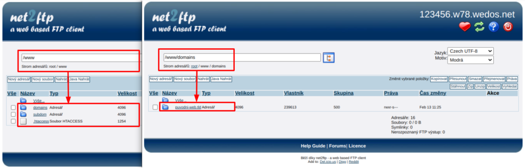 WEDOS Vzorové uspořádání FTP připraveného na přidání aliasu