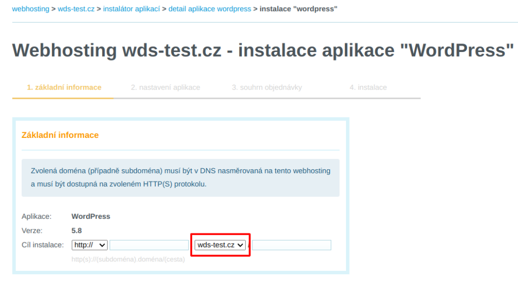 WEDOS Výběr aliasu v prvním kroku instalace aplikace v administraci
