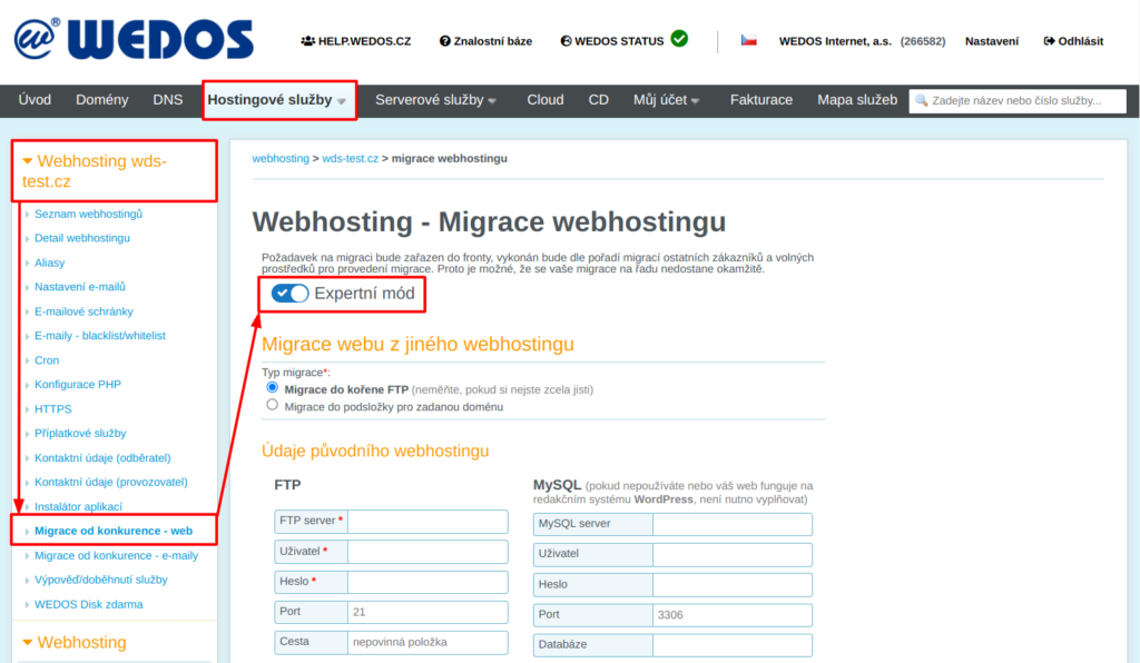 WEDOS Rozhraní pro migraci hostingu v expertním režimu
