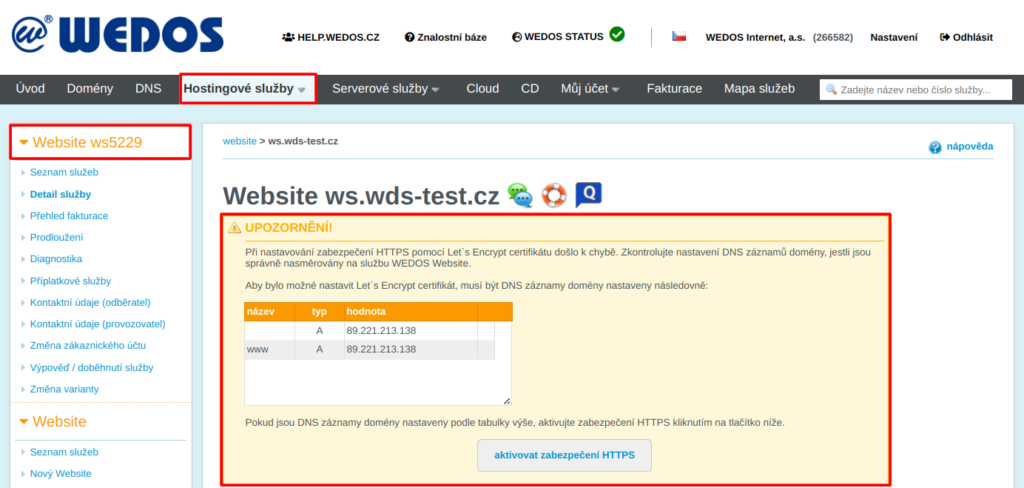 WEDOS Kontrola stavu služby WebSite