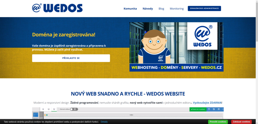 Výchozí stránka WEDOS po smazání hostingové služby