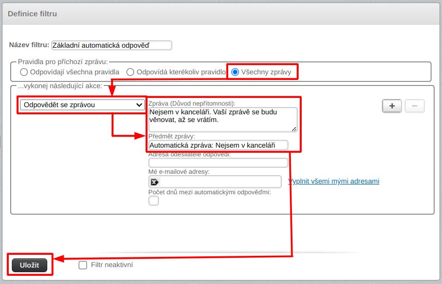 WEDOS Webmail Základní nastavení automatické odpovědi