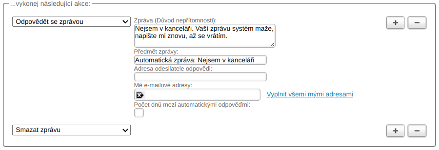WEDOS WebMail Vzorové smazání zprávy po odeslání automatické odpovědi