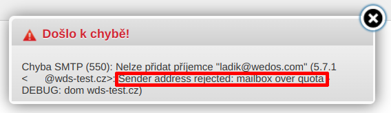 WEDOS Chybová hláška WebMailu při překročení kvóty: mailbox over quota
