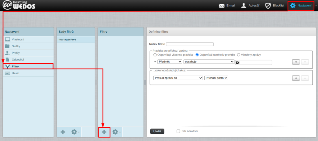 WEDOS WebMail Přidání nového filtru v klientu WebMail