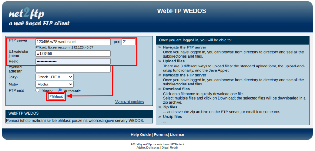 WEDOS Vzorové přihlášení do klienta WebFTP