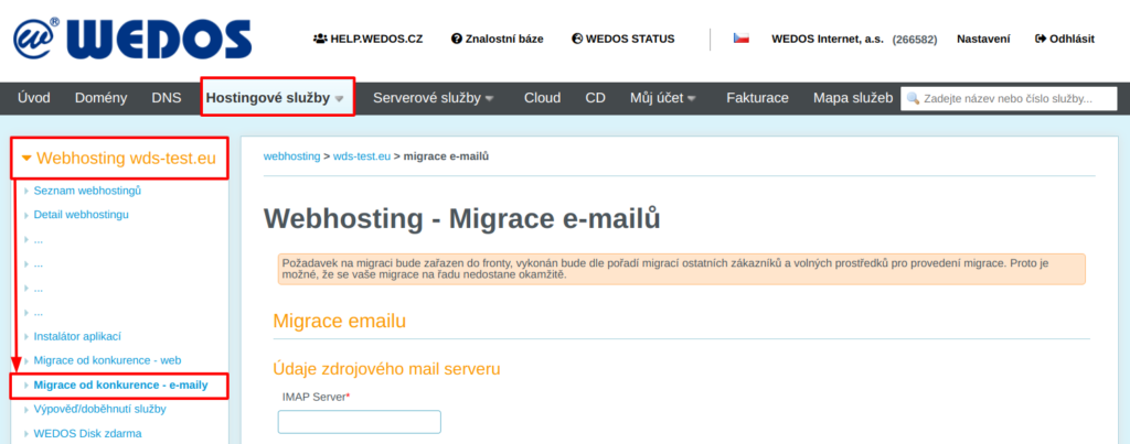 WEDOS Vstup do rozhraní pro migraci e-mailů webhostingu