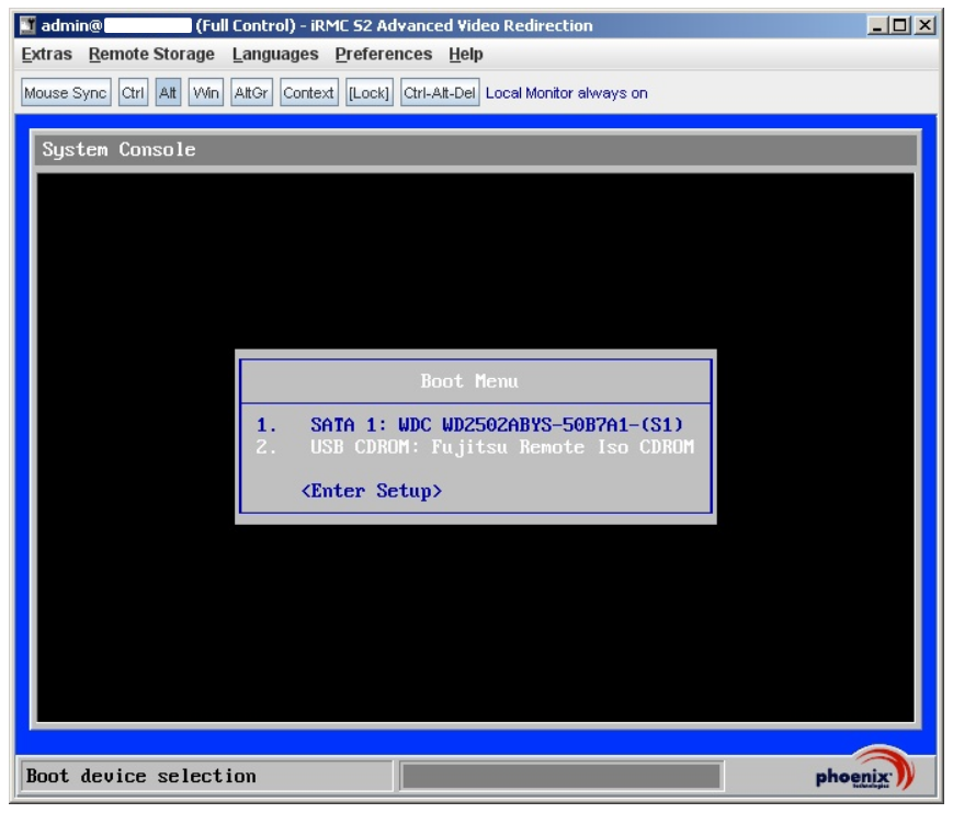Výběr bootovacího disku v iRMC KVM