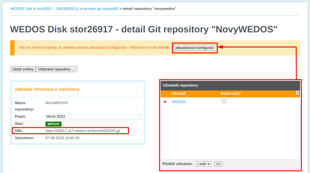 WEDOS Detail repozitáře: Git URL a ovládání uživatelů