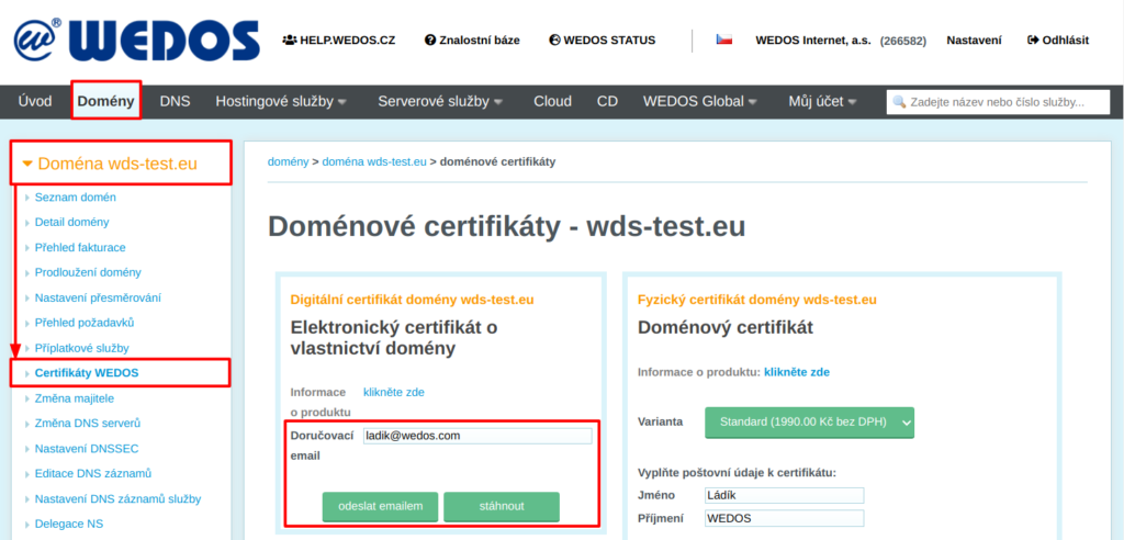 WEDOS Odeslání či stažení digitálního certifikátu domény