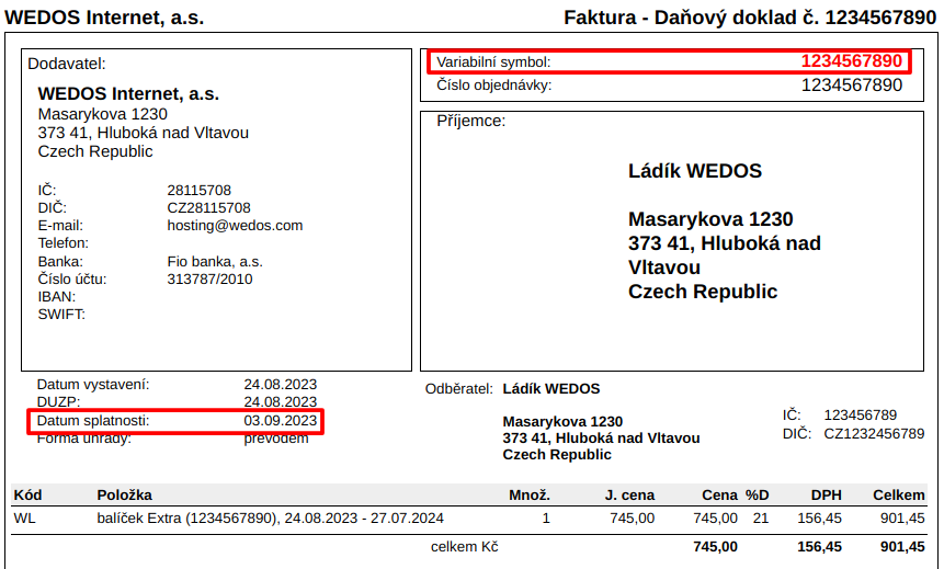 WEDOS Vzorová faktura příplatkové služby s vyznačeným VS a datem splatnosti