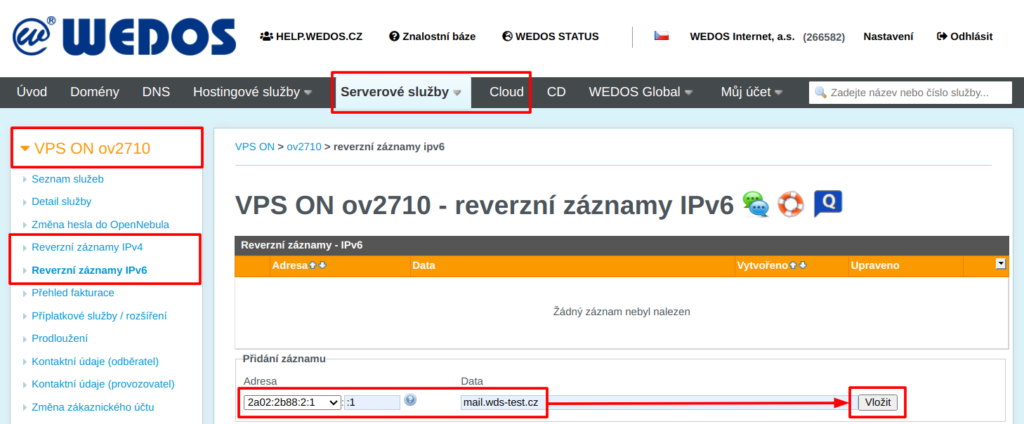 WEDOS Vzorové nastavení IPv6 reverzního záznamu služby VPS ON