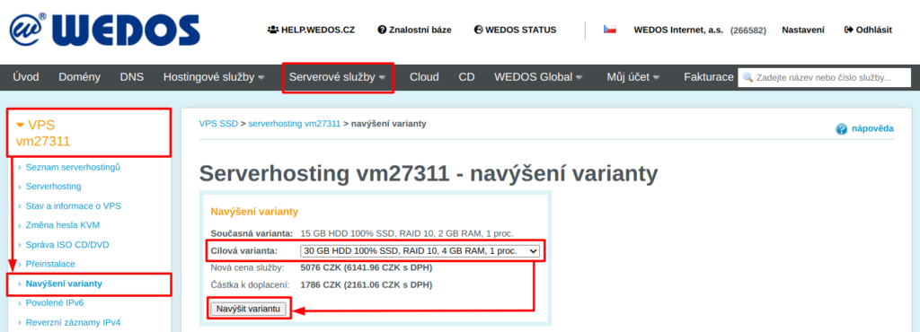 WEDOS Vzorové navýšení parametrů VPS SSD