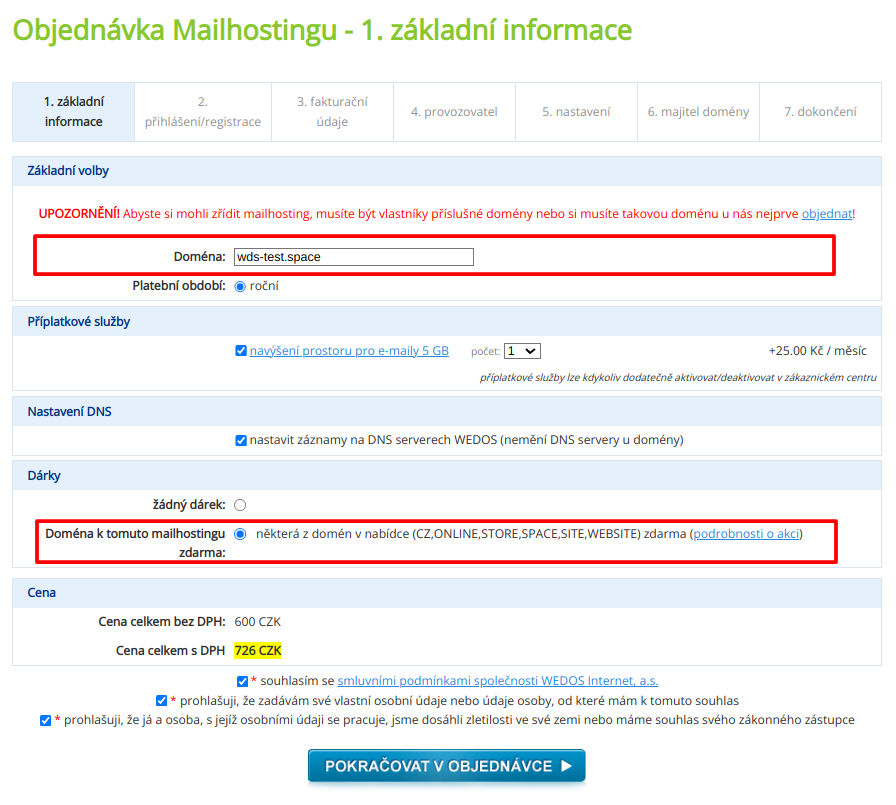 WEDOS Vzorová objednávka mailhostingu s doménou zdarma