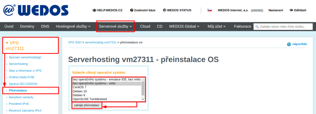 WEDOS Vzorový výběr a spuštění přeinstalace VPS SSD