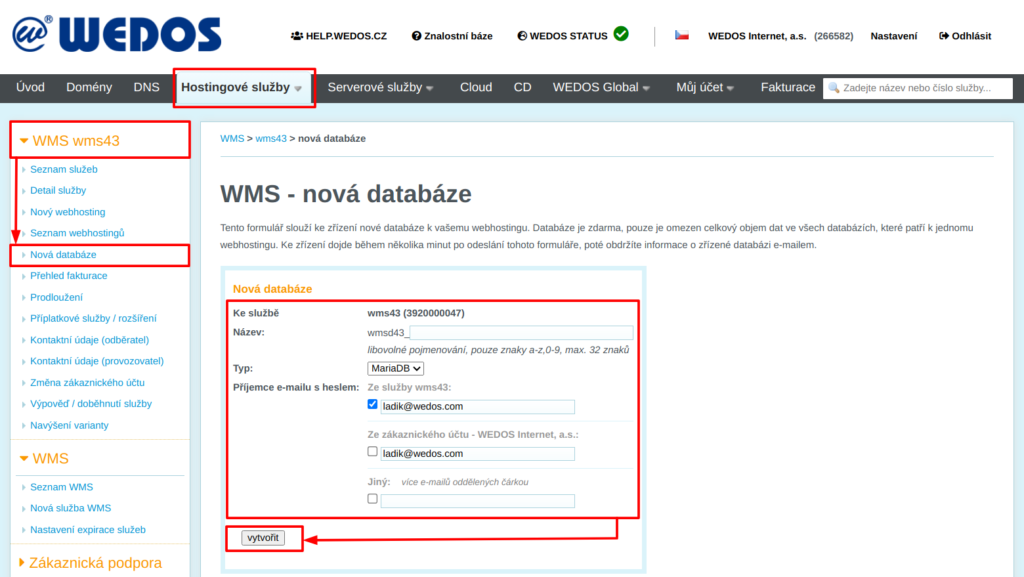 WEDOS Založení nové databáze služby WMS