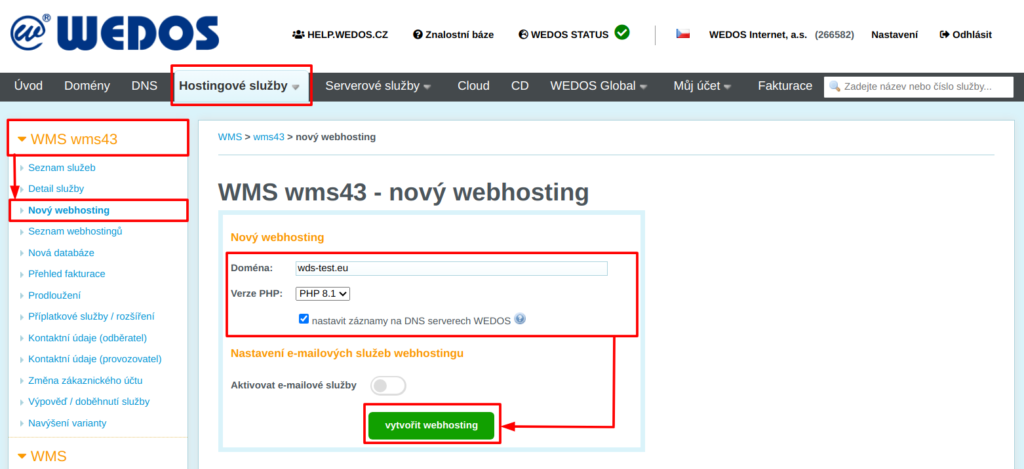 WEDOS Vzorové zřízení nového WMS webhostingu bez e-mailů