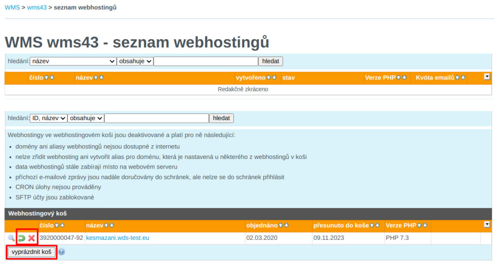 WEDOS Tlačítka obnovy a smazání webhostingu z koše, níže tlačítko vyprázdnit koš