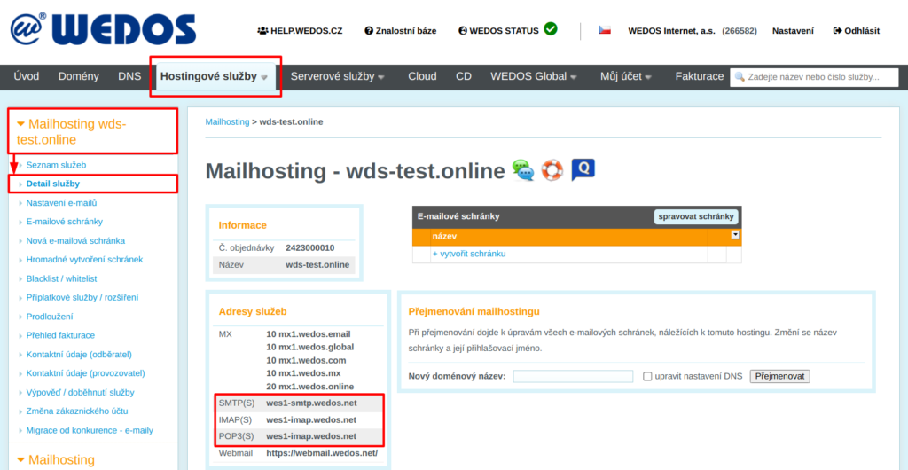 WEDOS Servery SMTP(S), IMAP(S) a POP3(S) služby Mailhosting