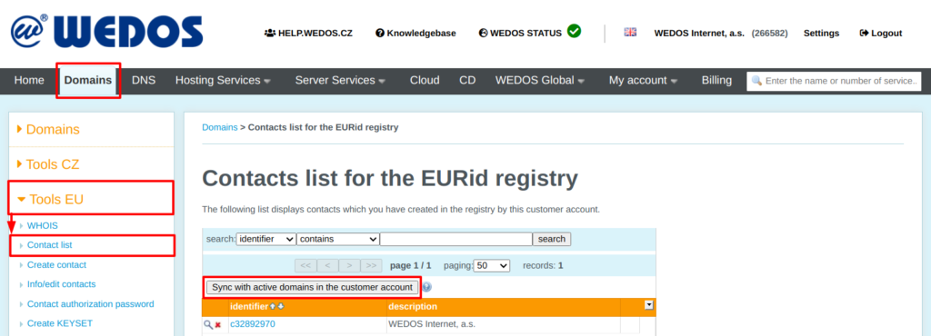 WEDOS Sync EURid contacts with the active domains in the customer account